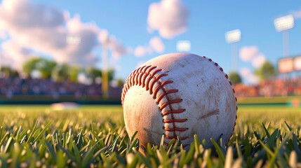 baseball in grass, blue sky