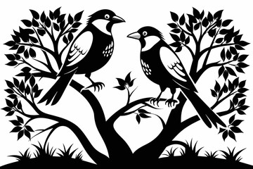 Fototapeta premium Captured a two bird on a tree black on white background
