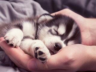 Cute siberian husky puppy sleeping in human hands