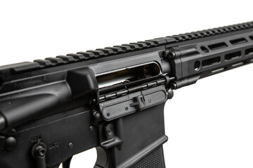 Close-up of the open bolt cover. A modern automatic carbine without sights and with an additional handle. Isolate on a white back