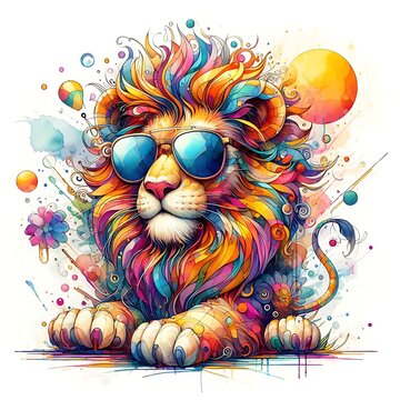 Cartoon Lion: Abstract Watercolor Painting with Colorful Details and Sunglasses, Perfect for T-shirt Prints or High-Quality Wall Art.