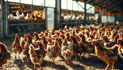 A large group of chickens are inside a barn. Generative AI - obrazy, fototapety, plakaty