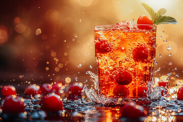 Fresh cold cocktail with red cherries on a summer background, tasty sweet drink concept