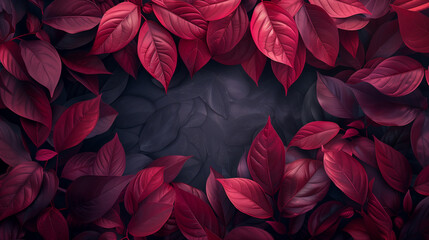 Frame with the texture of abstract dark maroon tropical leaves, copy space - 784728371