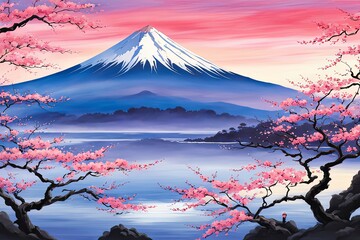 Painting of japanese Mount Fuji at sunset. For meditation apps, on covers of books about spiritual growth, in designs for yoga studios, spa salons, illustration for articles on inner peace, banner.
