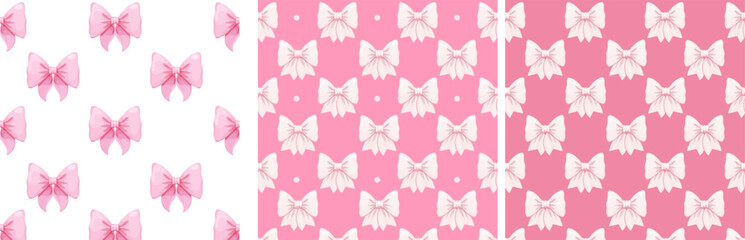 Coquette pink bow ribbon seamless pattern, elegant cute fabric print wallpaper on light background.