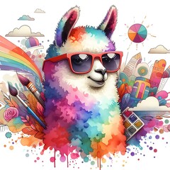 Fototapeta premium Cartoon Llama: Abstract Watercolor Painting with Colorful Details and Sunglasses, Perfect for T-shirt Prints or High-Quality Wall Art.