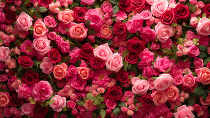 Flowers backdrop with red and pink roses, Flowers wall background for wedding decoration and presentation.