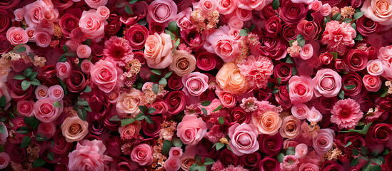 Flowers backdrop with red and pink roses, Flowers wall background for wedding decoration and presentation.