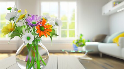 Interior of an attractive living room with flowers in glass vase