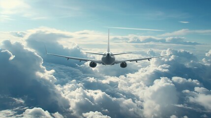 Passenger airplane flying high in a beautiful sky covered with clouds. 