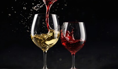 Two glasses of red and white wine with splash reflect one another on dark background, wine splash generative ai