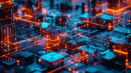 Futuristic Neon Circuit Board Cityscape with Glowing Lights. Generative Ai Image