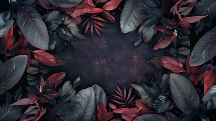 Frame with the texture of abstract dark tropical leaves, copy space - 784729343
