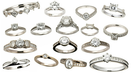Many Elegant Engagement Diamond Rings Displayed on White Background - 784729371
