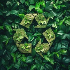 Recycling sign made of leaves and moss among ferns and foliage