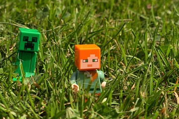 Obraz premium LEGO Minecraft figure of female hero Alex escaping across freshly mowned garden lawn from green explosive Creeper mob. Spring daylight sunshine. 