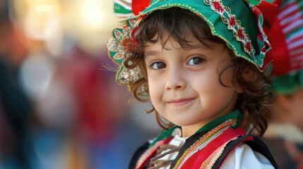 Republic Day in Italy, portrait of a small curly-haired boy in a national Italian costume, a happy smiling child