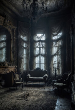 A dark, eerie interior of an abandoned mansion with tattered curtains, dusty antique furniture, and cracked walls conveys a sense of decay and haunting atmosphere.
