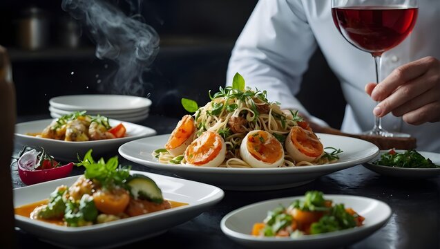 A chef presents a gourmet meal, steam rising, signifying freshness and warmth, amidst a vibrant, appetizing array of various dishes

