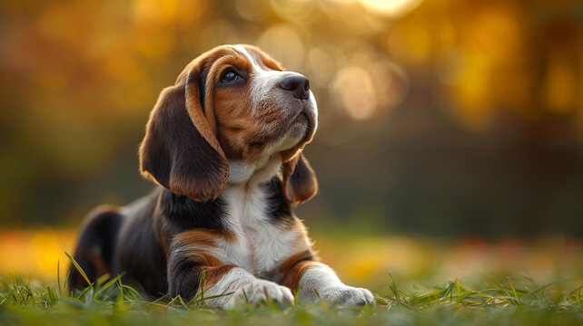 Outdoor portrait of a purebred basset hound puppy. Copy space.