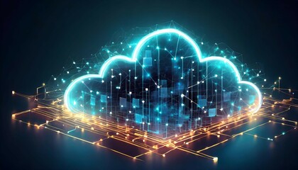 Fototapeta premium Cloud computing Data Base Technology concept with glowing neon structures on a dark banner