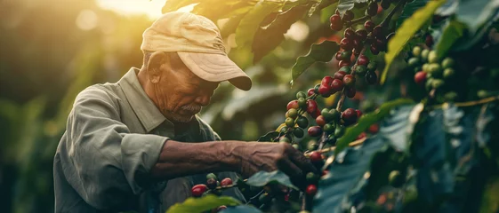 Foto op Aluminium Coffee picker or farmer, older man in work shirt and cap, working near shrubs with red and green berries. Generative AI  © Lubo Ivanko