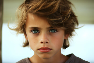 Close-up of a child with tousled hair and captivating blue eyes.