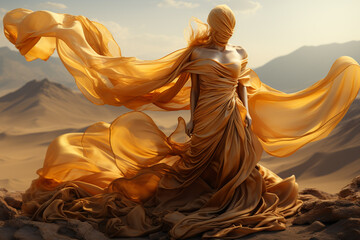 A woman in a flowing golden gown stands in a desert, fabric swirling in the breeze.