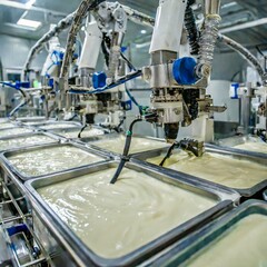 Automated Robotic natural dairy products yogurt Line. Industrial food production plant indoors