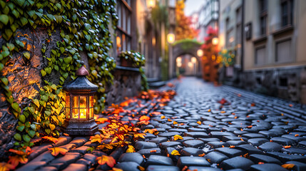Cobblestone Street in an Old European Town at Sunset, Offering a Historic and Picturesque View - obrazy, fototapety, plakaty