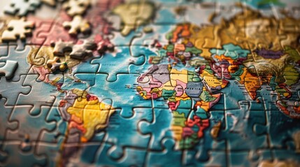 Globe map made from jigsaw puzzle for business strategy and solution concept. AI generated image