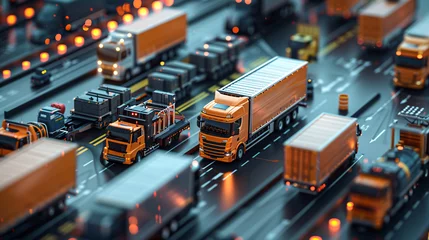 Fotobehang Logistics Technology. Futuristic Cargo Transport: Trucks on Illuminated Highway. Transport trucks on a high-tech glowing highway at night. © vachom