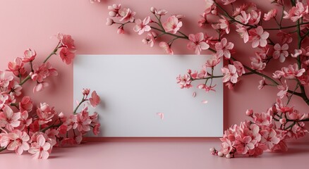 Blank Paper Surrounded by Pink Flowers on Pink Background