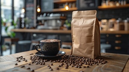 A Cup of Coffee and Bag of Coffee Beans - obrazy, fototapety, plakaty