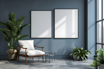 Living room wall poster mockup. Frame mockup. Interior mockup with house background.  3d render. Modern interior design. 