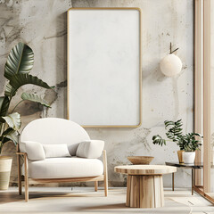 Living room wall poster mockup. Frame mockup. Interior mockup with house background.  3d render. Modern interior design. 