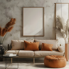 Living room wall poster mockup. Frame mockup. Interior mockup with house background.  3d render. Modern interior design. 