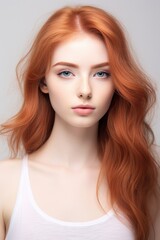 Naklejka premium A woman with long red hair wearing a tank top, suitable for fashion or lifestyle content
