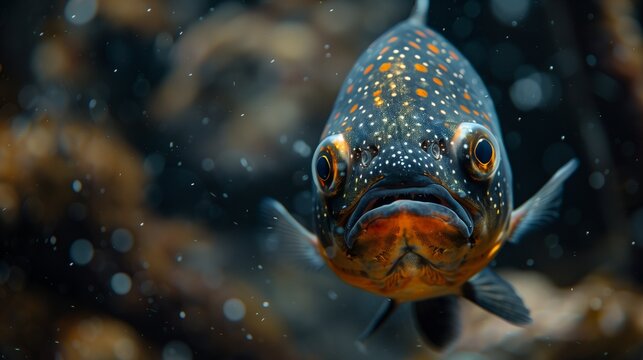 A Red-bellied piranha lurks in the shadows of an underwater cave, its eyes glowing menacingly under the dim light filtering through the water