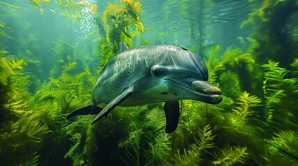  An Amazon river dolphin glides gracefully through crystal-clear waters, bathed in the soft morning light that creates a shimmering effect on its sleek, silver-grey skin-1