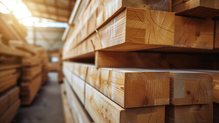 Stacked Lumber at a Timber Warehouse Close-Up. Wood Planks Storage in Industrial Lumberyard Setting