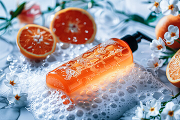 Orange citrus shower gel bottle mockup on soapy clean background with bubbles and flowerts. Copy space