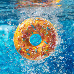 A colorfull donut inflatable circle falling in the pool. Under clear water. Summer and vacation concept.