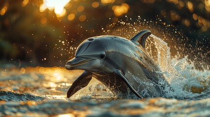  As evening sets in, an Amazon river dolphin dances beneath the soft hues of twilight, with the last rays of sunlight creating a magical aura around its fluid movements