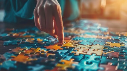 Business solutions concept with female hand touch and connecting puzzle jigsaw. AI generated image