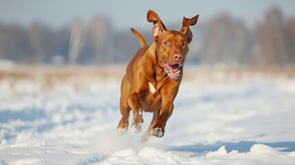 A playful dog running in the snow with a frisbee in its mouth