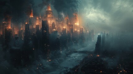 A stunning vision of a futuristic city caught between golden flames and swirling clouds, evoking feelings of mystery and awe. This mystical landscape depicts a world beyond reality.