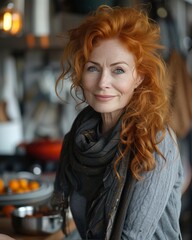happy woman with red hair work in kitchen. authenticity and uniqueness style. family, homemade concept.