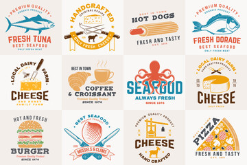 Set of cheese family farm, seafood and fast food retro badge. Vector. For seafood emblem, sign, patch, shirt, menu restaurants with cheese, tuna, trout, shrimp, octopus crab mussels and clams, hotdog - obrazy, fototapety, plakaty